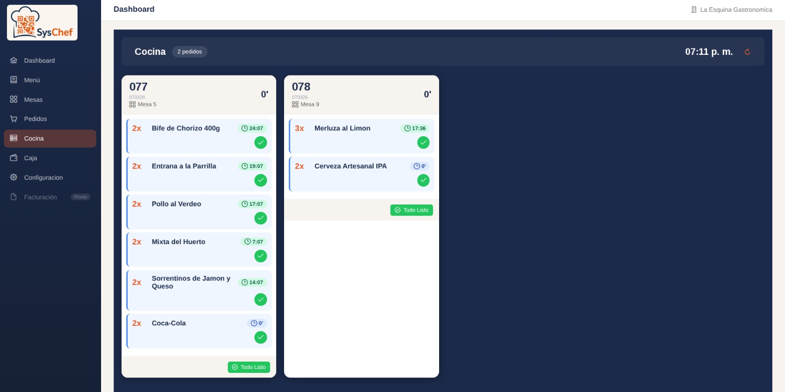 Pedido ingresando de forma ordenada en cocina y barra
